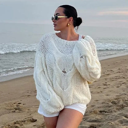 Vintage Knit Women Sweaters Lazy O-neck Full Sleeves Twist Female Pullover Autumn Winter Casual Oversize Lady Knitwear Tops