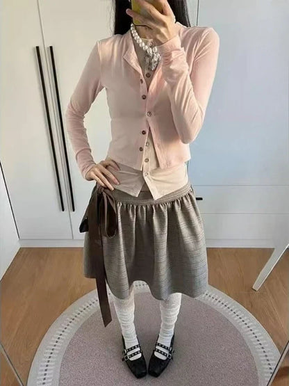 Fake Two Pieces Y2k Aesthetic Casual Cardigan Streetwear Vintage Single Breasted Grunge Tops Spring Harajuku Slim Fit Clothing