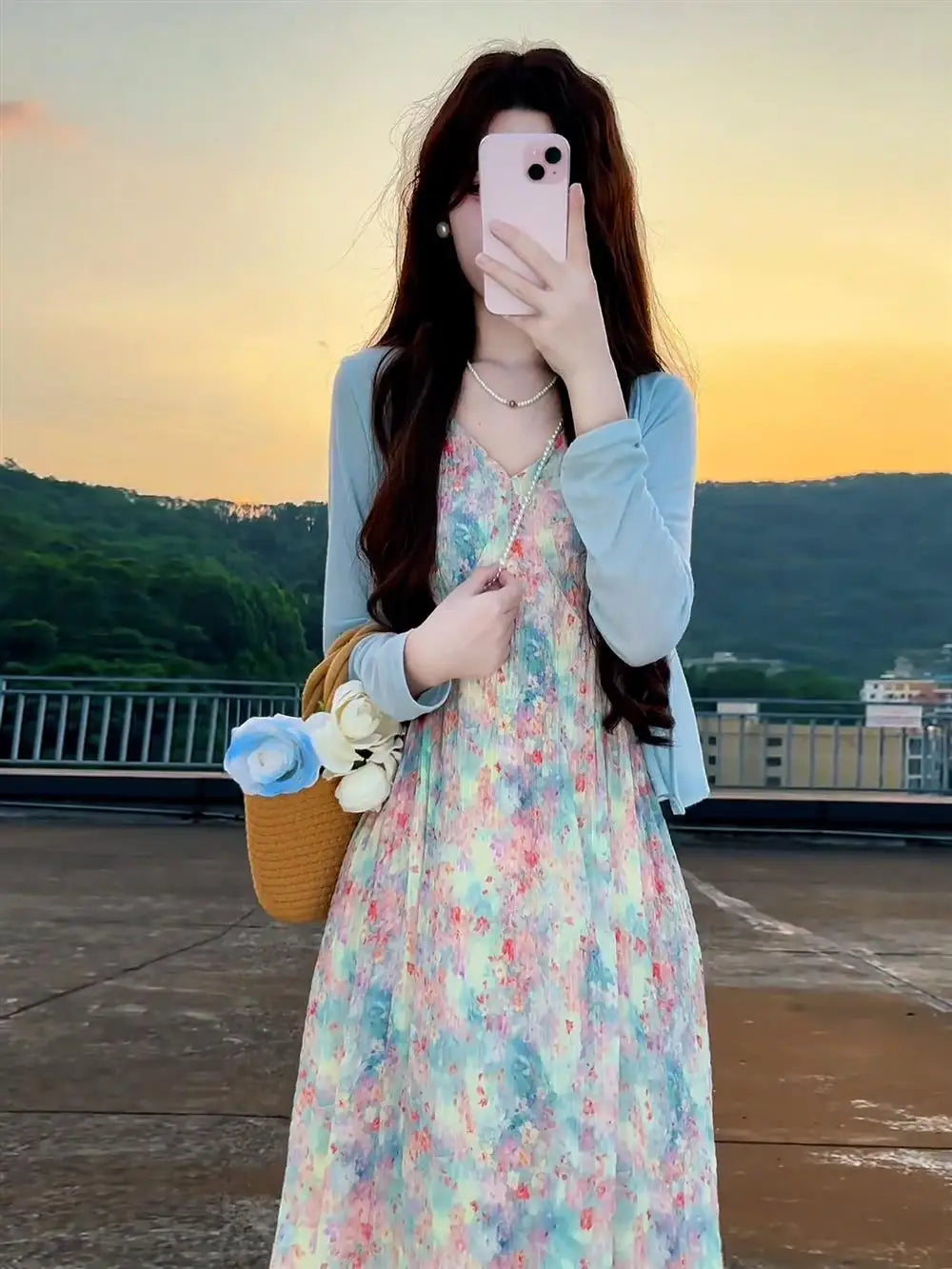New Pink V-Neck Floral Print Halter Dress Women's Summer Vacation Style Long Dress Tea Break Sweet High Waist A-Line Skirt