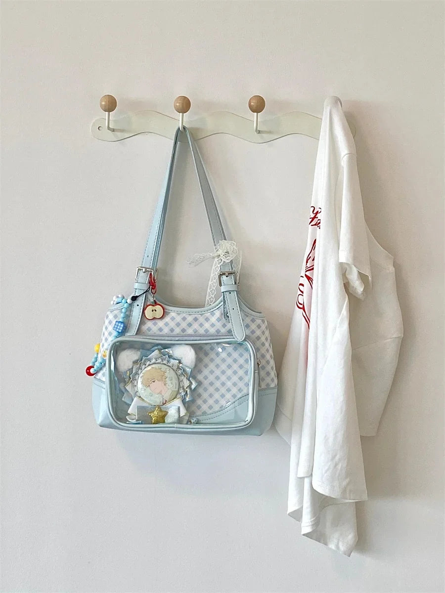 Original Lolita Sky Blue Plaid Small Capacity Transparent Pain Bag 10cm Baby Bag Daily Commuting Class Portable Shoulder Bag