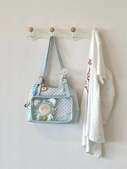 Original Lolita Sky Blue Plaid Small Capacity Transparent Pain Bag 10cm Baby Bag Daily Commuting Class Portable Shoulder Bag