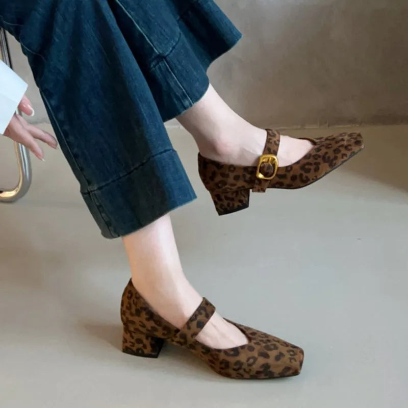 Women's Mary Janes Vintage Faux Suede Pumps Square Toe Dress Shoes Autumn Buckle Strap High Heels Ladies Shoes 1863