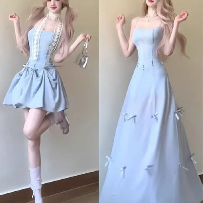 Blue Butterfly Knot Pure Desire Dress Versatile Beautiful Unique Elegant Long Skirt round Neckline Sleeveless Loose Waist