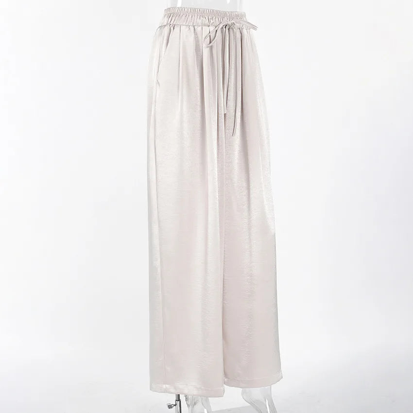 Women's Fashion Satin Pants Solid Vintage Lace Up Patchwork Loose Trouser Summer Elegant Casual Commute Female Trousers