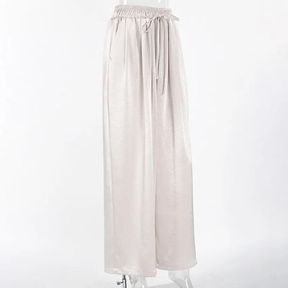 Women's Fashion Satin Pants Solid Vintage Lace Up Patchwork Loose Trouser Summer Elegant Casual Commute Female Trousers