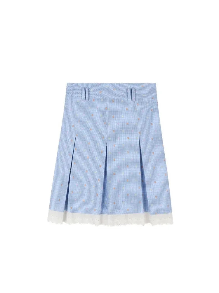 Elegant Skirts Women Floral Printed Plaid Lace Patchwork Spring Summer Sweet Vintage Fashion Female Skirt Casual