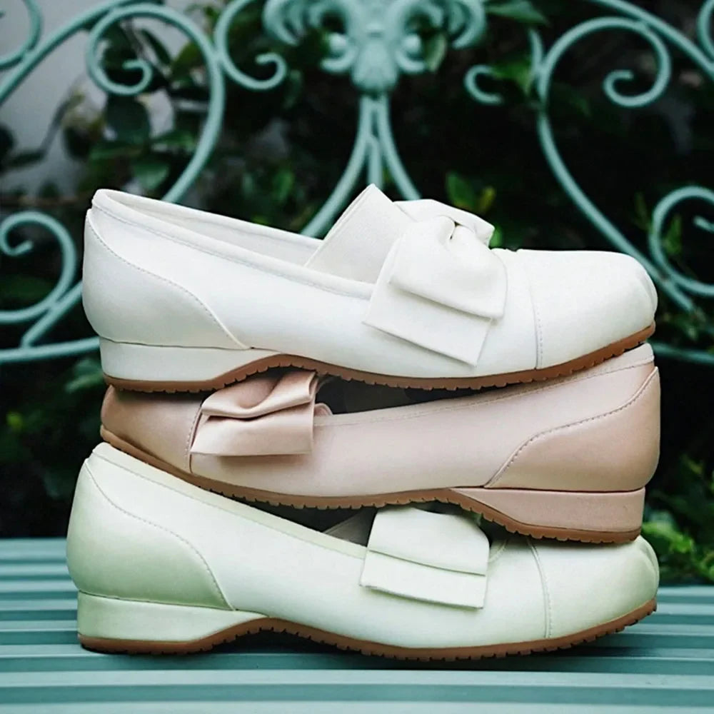 Women's Bow Mary Jane Shoes Square Satin Low Heel Flat Shoes Elegant Strap Ladies Pumps for Wedding Office Daily Wear Shoes
