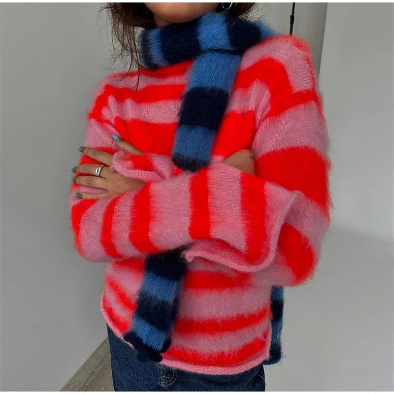 Striped Sweater Women Contrast Color Knitted O-neck Long Sleeve Loose Chic Pullover Female Winter New Top Pollover