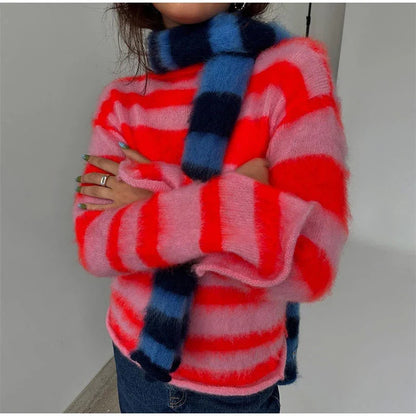 Striped Sweater Women Contrast Color Knitted O-neck Long Sleeve Loose Chic Pullover Female Winter New Top Pollover
