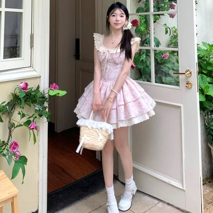 Dresses Women Sweet Floral Printed Flying Sleeve Square Collar Slim Lace Patchwork Ruffles Bandage Party Mini Dress