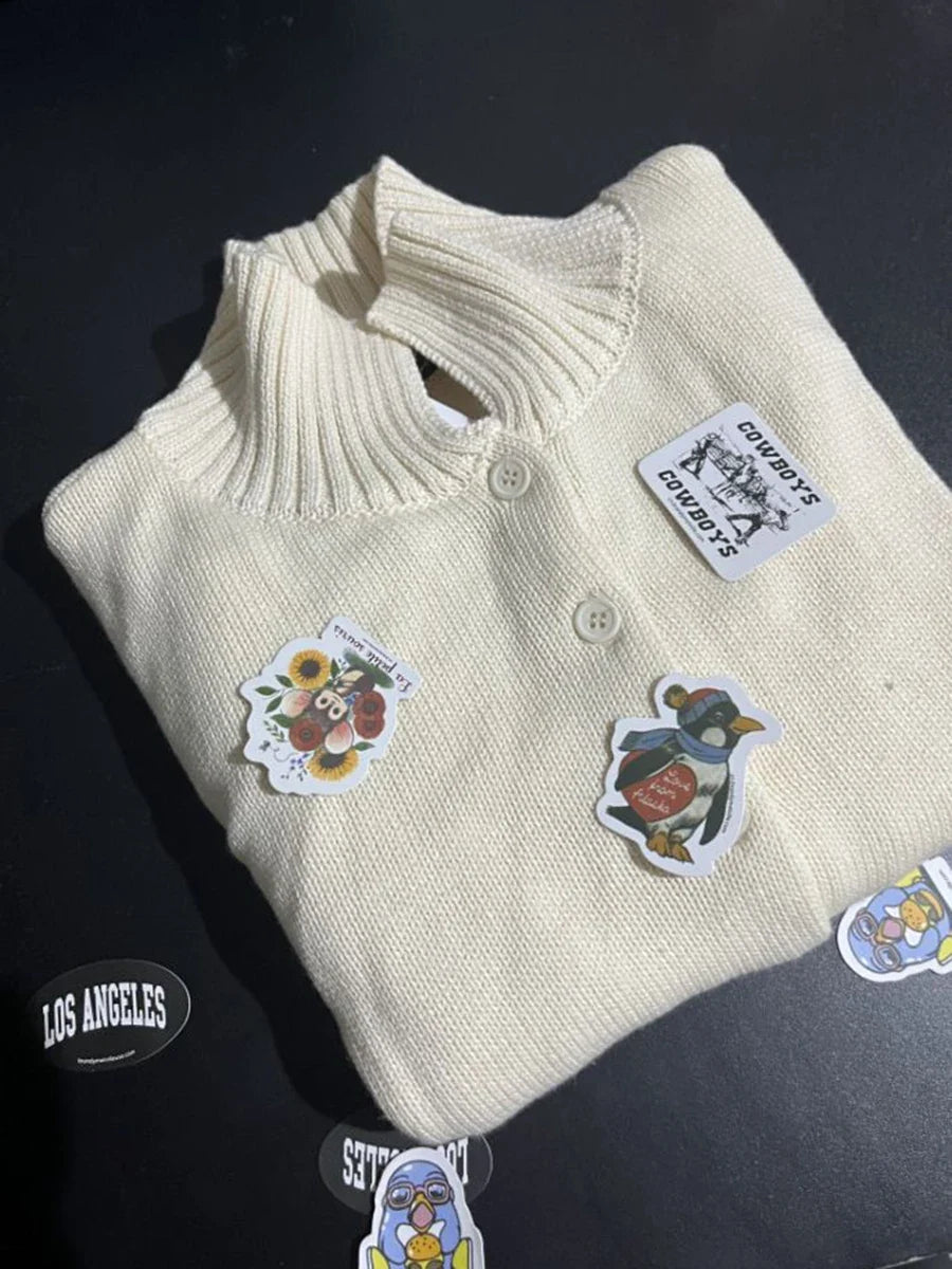 Beige Knit Short Sweater Cardigan Women Autumn Single Breasted Lapel Long Sleeve Sweaters Coat Cotton Casual Knitwear Top Y2k