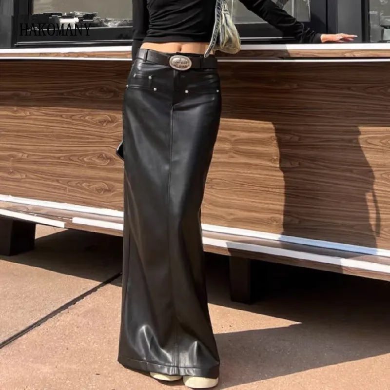 Sexy Black Back Slit PU Leather Pencil Skirt With Belt Women Package Hips Maxi Long Skirts