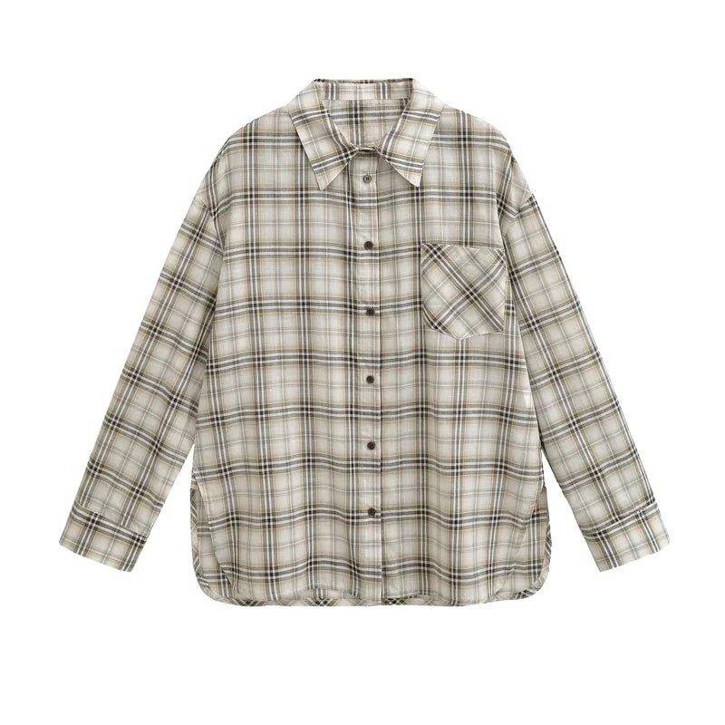 Women's Oversized Check Pocket Detail Shirt
