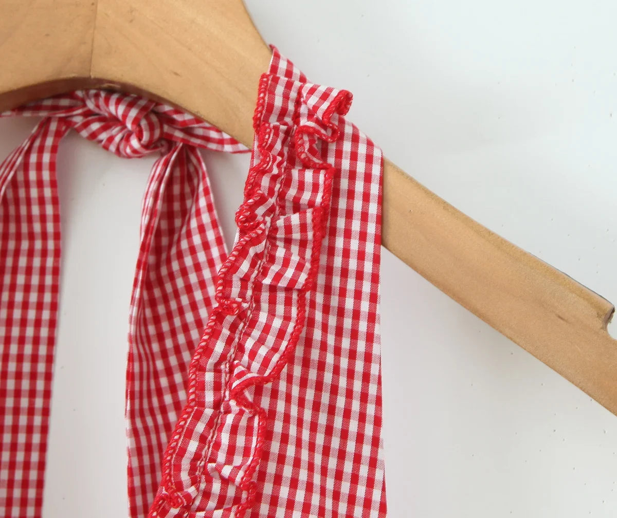 Fashionable Short Red Plaid Dress Women Sexy Backless A-line Mini Summer Halter Dress Vacation Robe 2026