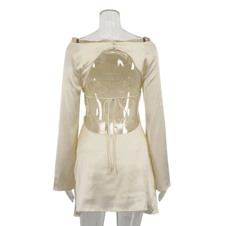Cowl Neck Satin Long Sleeve Bell Cuff Bodycon Mini Dress