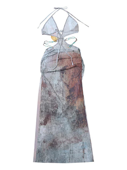 Sexy Beaded Print Long Dress Women Hollow Out Halter Backless Sleeveless Lace Up Holiday Dresses 2025 Summer Lady Chic Slim Robe