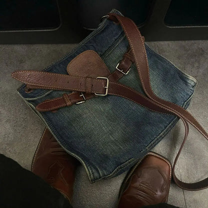 Fashionable and Versatile Contrasting Denim Vintage Design Single Shoulder Crossbody Bag for Women Jeans Bags