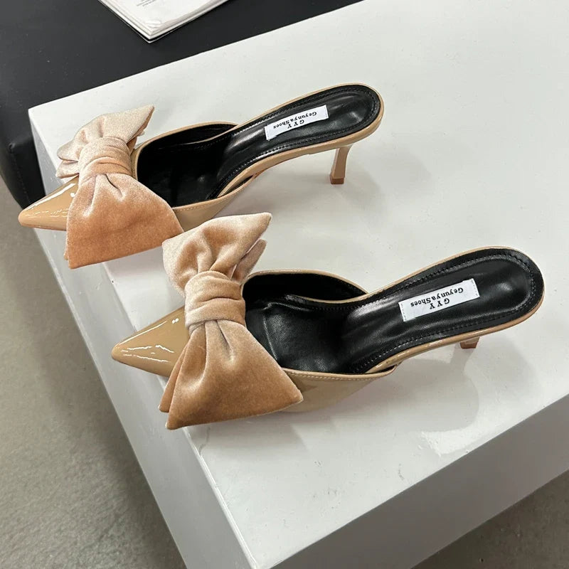 Sexy Bowknot Women Slippers Pointed Toe Stiletto Low Heels Mules Slides Party Dress Summer Shoes