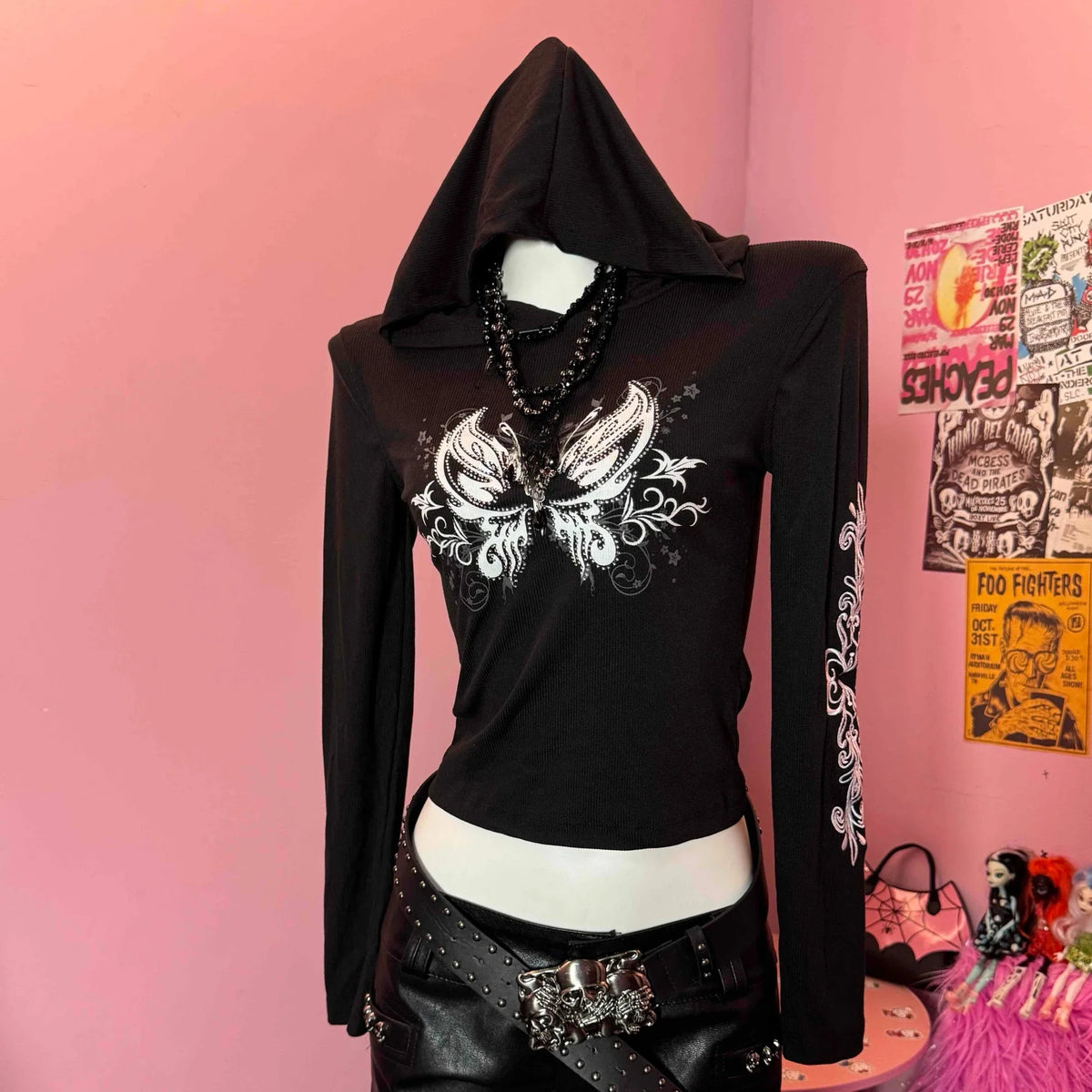 Y2K Gothic Black Slim Fit Pullover Hoodie Women Harajuku Butterfly Graphic Print Rhinestone Cropped Sweatshirt Hot Girl Clothing