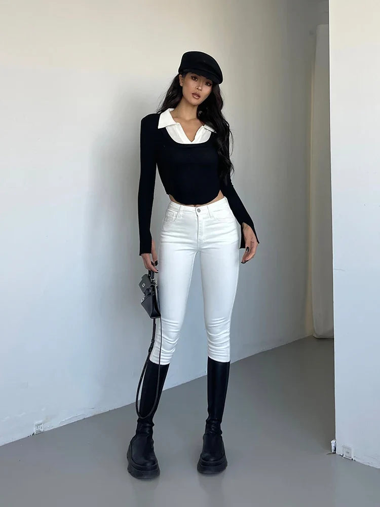 White High Waist Elastic Casual Jeans For Women's Autumn Winter New Design Pencil Pants Elegant Women Korean N4GS