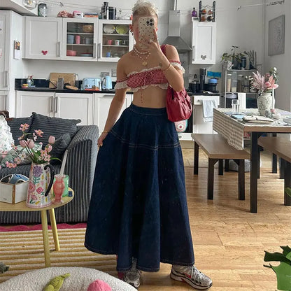 Vintage Denim Vest Skirt Women Outfit Elegant Slash Neck Tank Top Pleated Zippers Mid Skirts Summer Fashion Lady Set