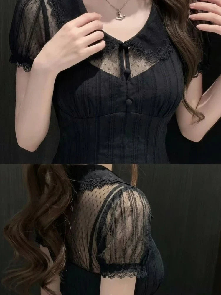 Summer French Elegant Lace Doll Collar Puff Sleeve Sheer Polka Dot Mesh Hollowout Slim Fit Two Piece Dress Women Daily Party