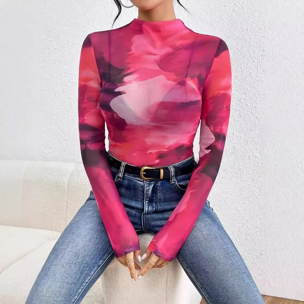 Gradient Patchwork Slim Fit Sheer Top