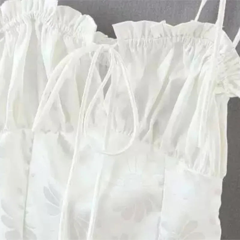 Woman Backless Mini Spaghetti Strap Lacing up wood ears Ruched Collar Holiday Robe Sexy White Daisy Flower Satin Sling Dress