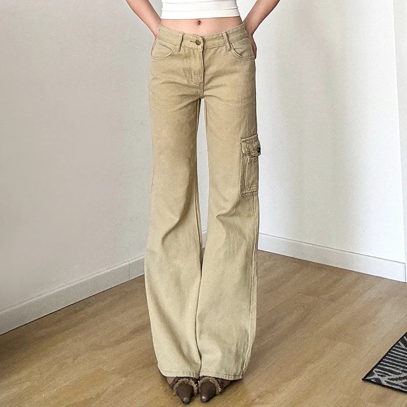 Y2K Casual Women Straight Jeans Khaki Fashion Pocket Cargo Pants Retro 90s Loose Denim Trousers Spring High Street