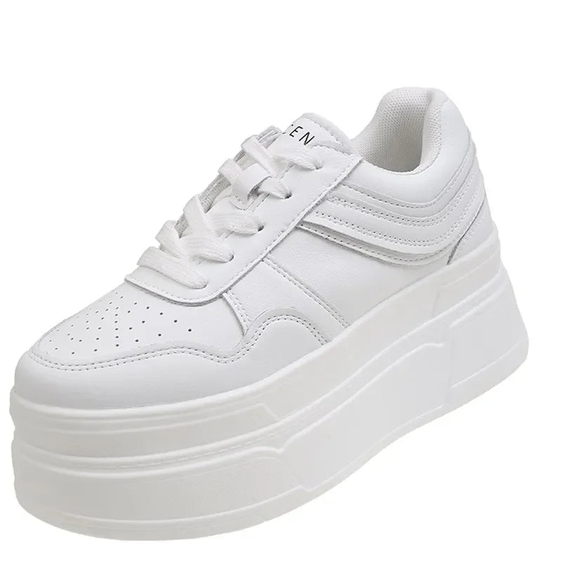 New Autumn Women High Platform Shoes 8CM Comfortable Chunky Sneakers Breathable Leather Wedges Casual Sport Dad Shoes Woman