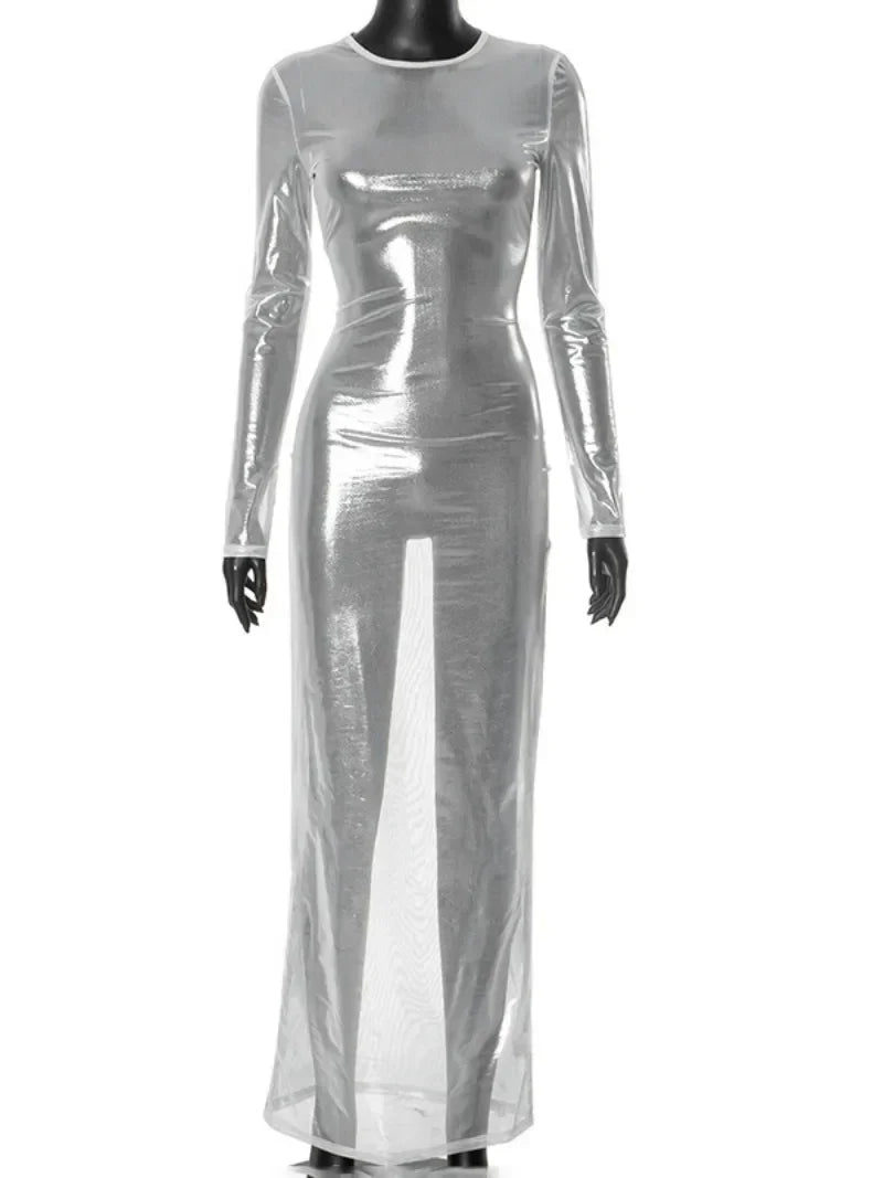 Crew Neck Sheer Mesh Shimmer Long Sleeve Bodycon Maxi Dress