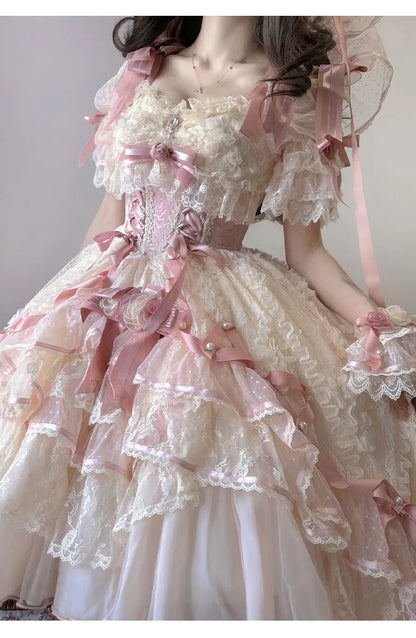 A wedding dress with shorter front and longer back for student's birthday coming-of-age ceremony