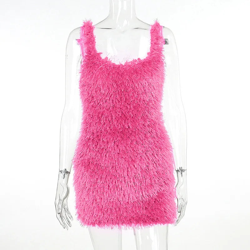 Fur Sexy Backless Mini Wrap Dress Solid Luxury Women Club Party Outfit Casual Spaghetti Cloth Female Elastic Bodycon Dress