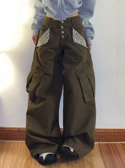 Vintage Chic American Vintage Trousers Pocket Design Leopard Print Button Long Denim Pants 2000s Casual Loose Straight Leg Pants