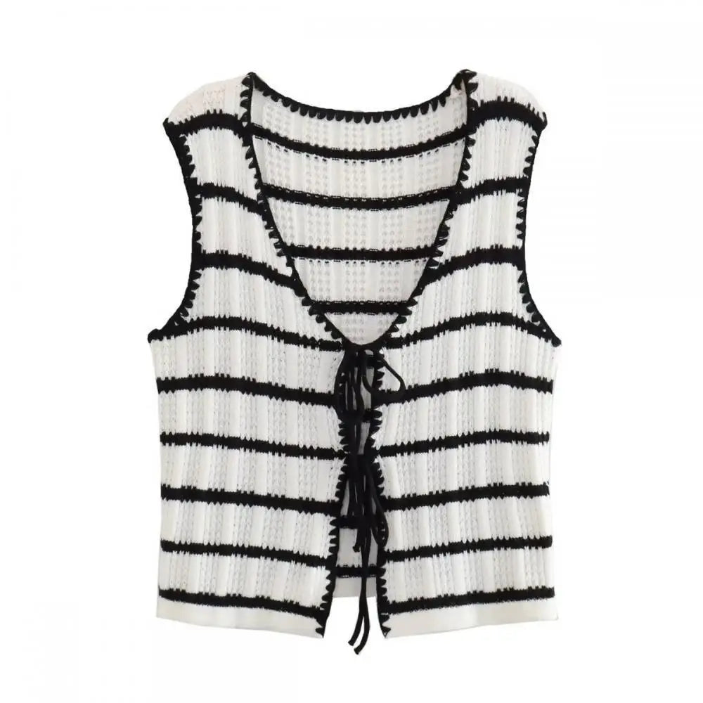 Women Fashion Knitted Striped Waistcoat Pants Set V Neck Front Tie Sleeveless Vest Tank Tops Elastic Waist Trousers Streetwear