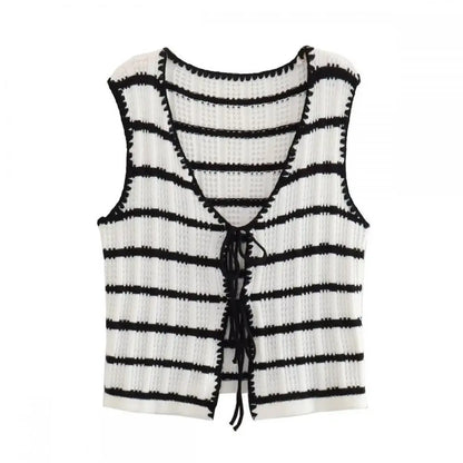 Women Fashion Knitted Striped Waistcoat Pants Set V Neck Front Tie Sleeveless Vest Tank Tops Elastic Waist Trousers Streetwear