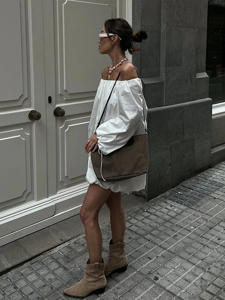 Boat Neck Backless Dress Woman Pleats Solid Color Loose Short Floral Bud Dresses Casual Versatile Fashion Women's Chic New Dress