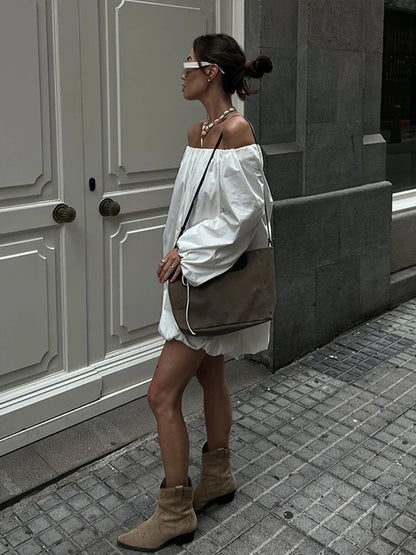 Boat Neck Backless Dress Woman Pleats Solid Color Loose Short Floral Bud Dresses Casual Versatile Fashion Women's Chic New Dress