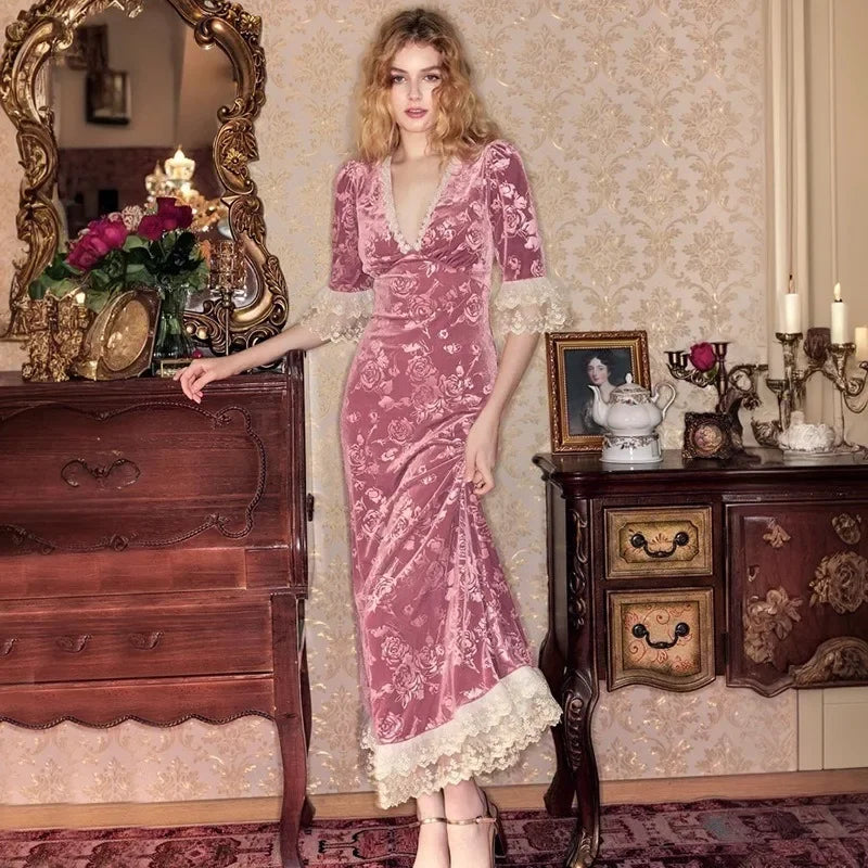Lace Print Long Dress Women's Elegant V Neck Luxury Party Evening Gown High Waist Vintage Y2k Patchwork Dress Robe