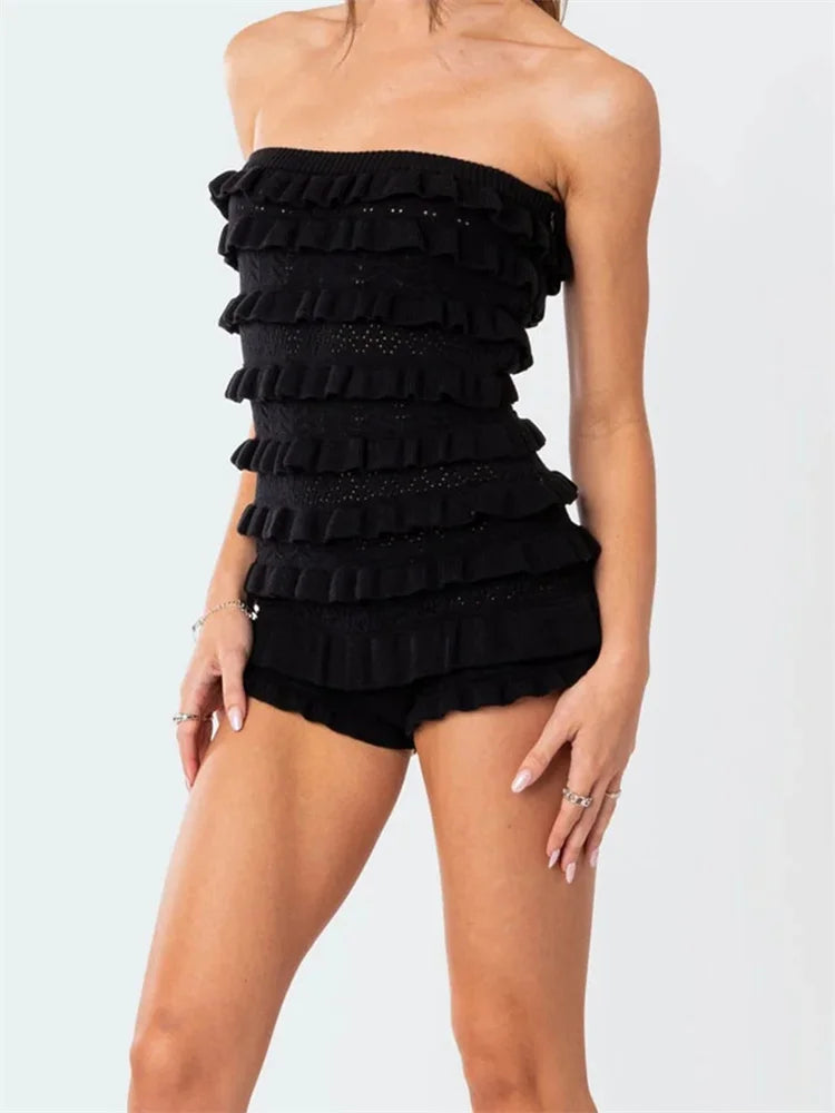 Women Tube Jumpsuits Off Shoulder Strapless Hollow Out Layered Ruffles Knitted Short Rompers Summer Beach Jumpsuits