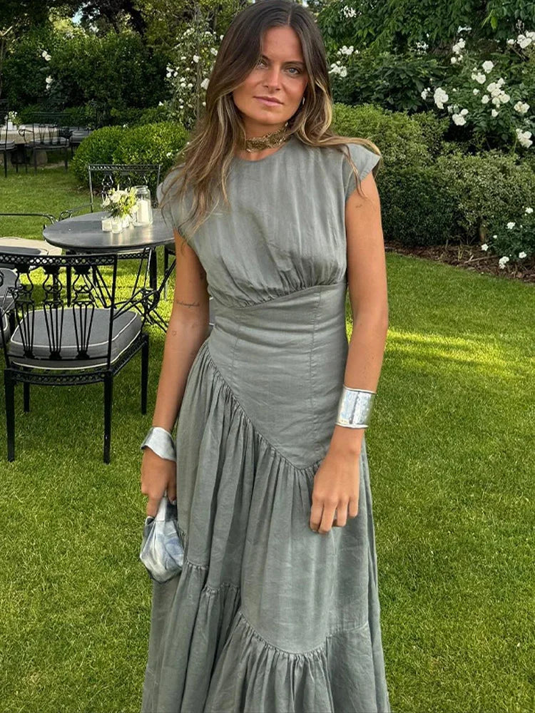 Elegant Grey Spliced Dress For Women Fashion Solid Short Sleeve Pleated Vestidos Summer New Office Lady Evening Party Robe