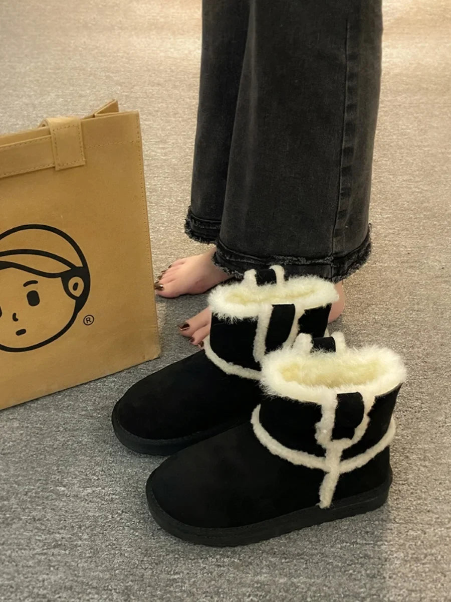 Flat Heel Snow Boots For Women Shoes Round Toe Winter Footwear Boots-Women Plush Ladies Low Fur Fabric Solid Rome Basic La