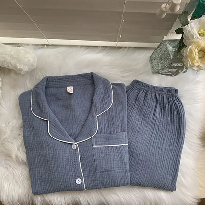 Cotton Comfort Sleepwear Casual Women Pajamas Spring Summer Cherry Print Cute Lapel Button Shirts And Pant Two Piece Sets