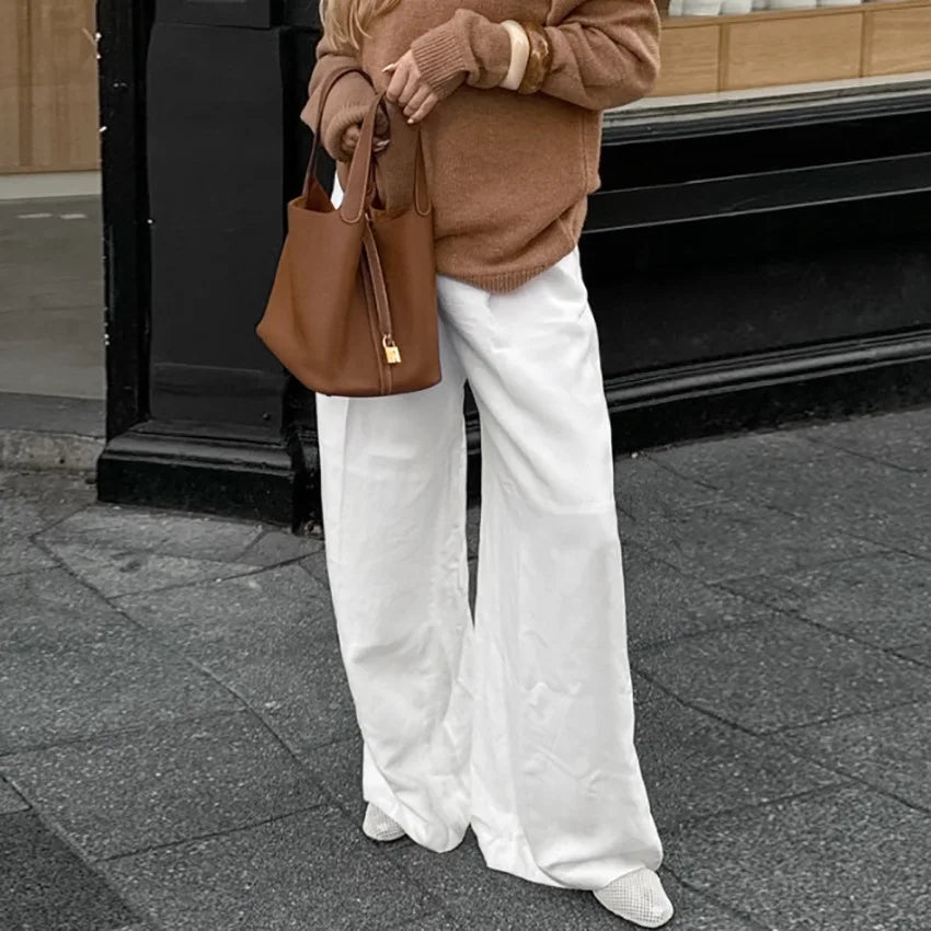 Spring Summer Fashion High Waist Wide Leg Pants Loose Pocket Cotton Linen Casual Pants Women's White Pants