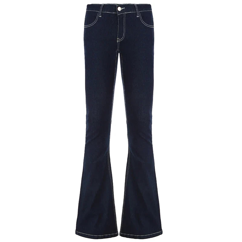 Vintage Dark Blue Y2K Flare Jeans Women Low Rise Skinny Denim Trousers Fashion Basic Boot Cut Pants Retro High Street