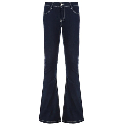 Vintage Dark Blue Y2K Flare Jeans Women Low Rise Skinny Denim Trousers Fashion Basic Boot Cut Pants Retro High Street