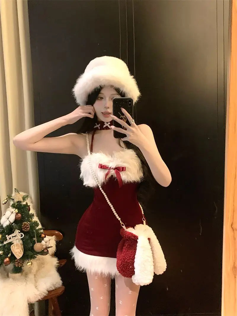 Sweet & Spicy Red Christmas Mini Dress, Hanging Neck Bow, Waist-Defining Furry Bodycon for Winter Inner.