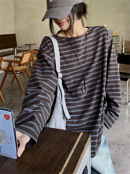 Loose Tees Stripes Vintage Streetwear All Match Fashion Oversize Full Sleeve Autumn Casual Office Lady T-Shirts