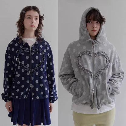 Spring 2025 New Korean Heart Shaped Ruffle Dot Printed Zipper Hoodie y2k Retro High end Design Loose Sweet Long Sleeve Jacket