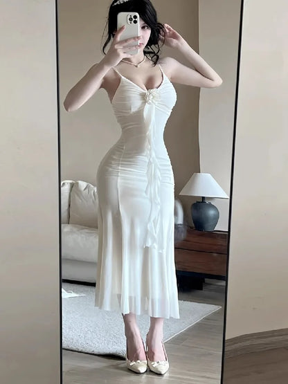Women Dresses Sleeveless V Neck Ruffles Slim Elegant Backless Ruffles Ribbon Temperament Elegant Dress Sexy Ladies